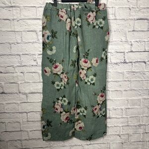 100 % Linen Sage Green Floral Wide-Leg Pants w/ Tie Waist – Size S/M CottageCore